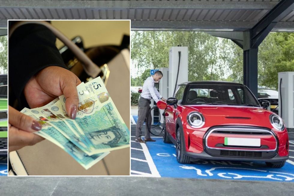UK money and a man charging an electric car