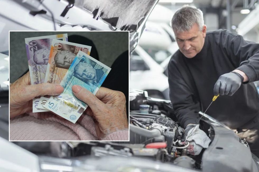 UK money and a man checking a car's engine oil levels