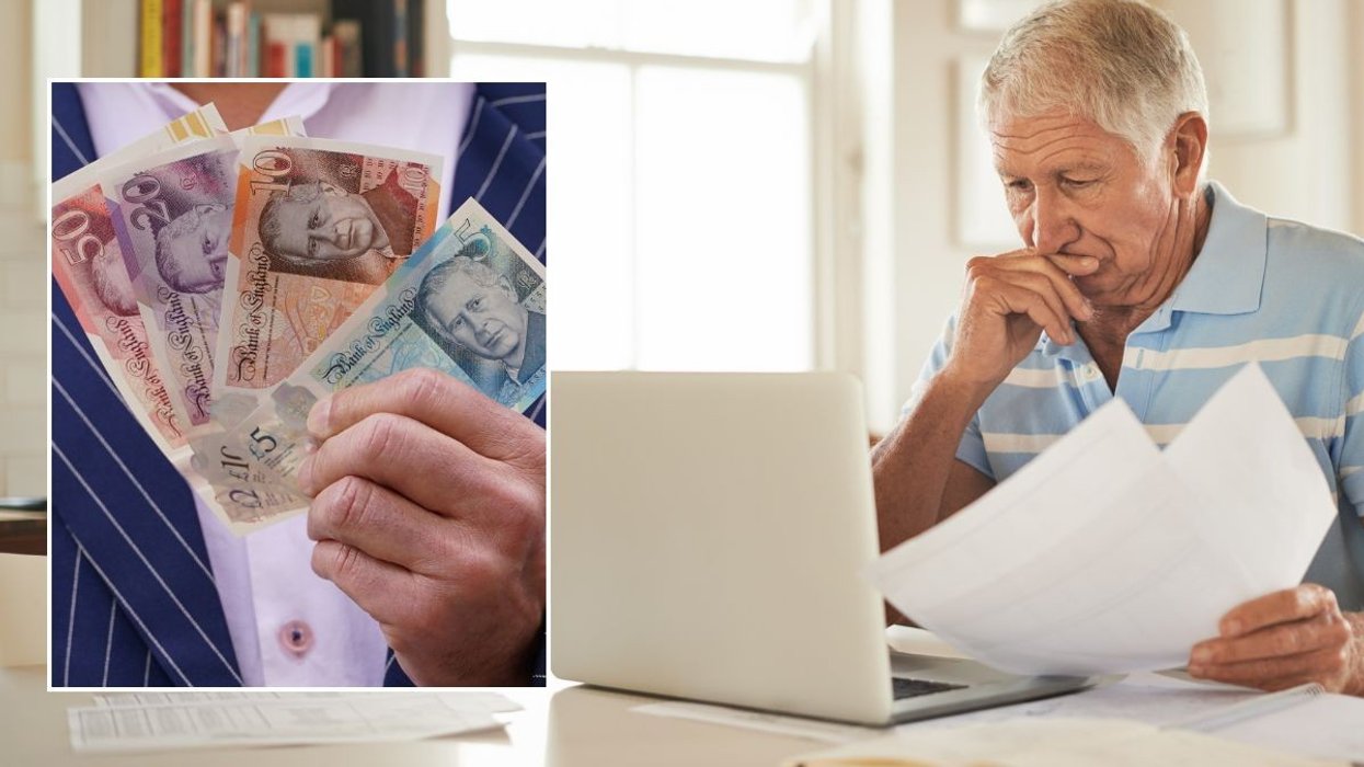 UK money and a man using a laptop