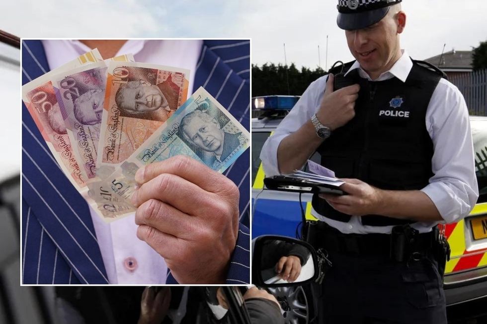 UK money and a police officer checking a driving licence