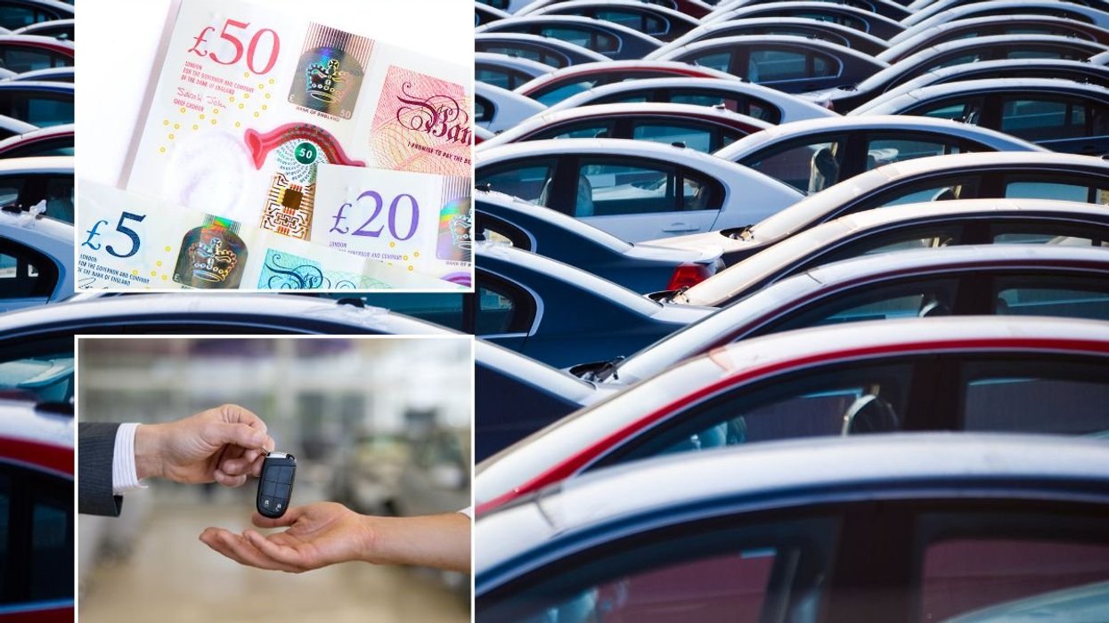 UK money, cars parked and hands handing over car keys