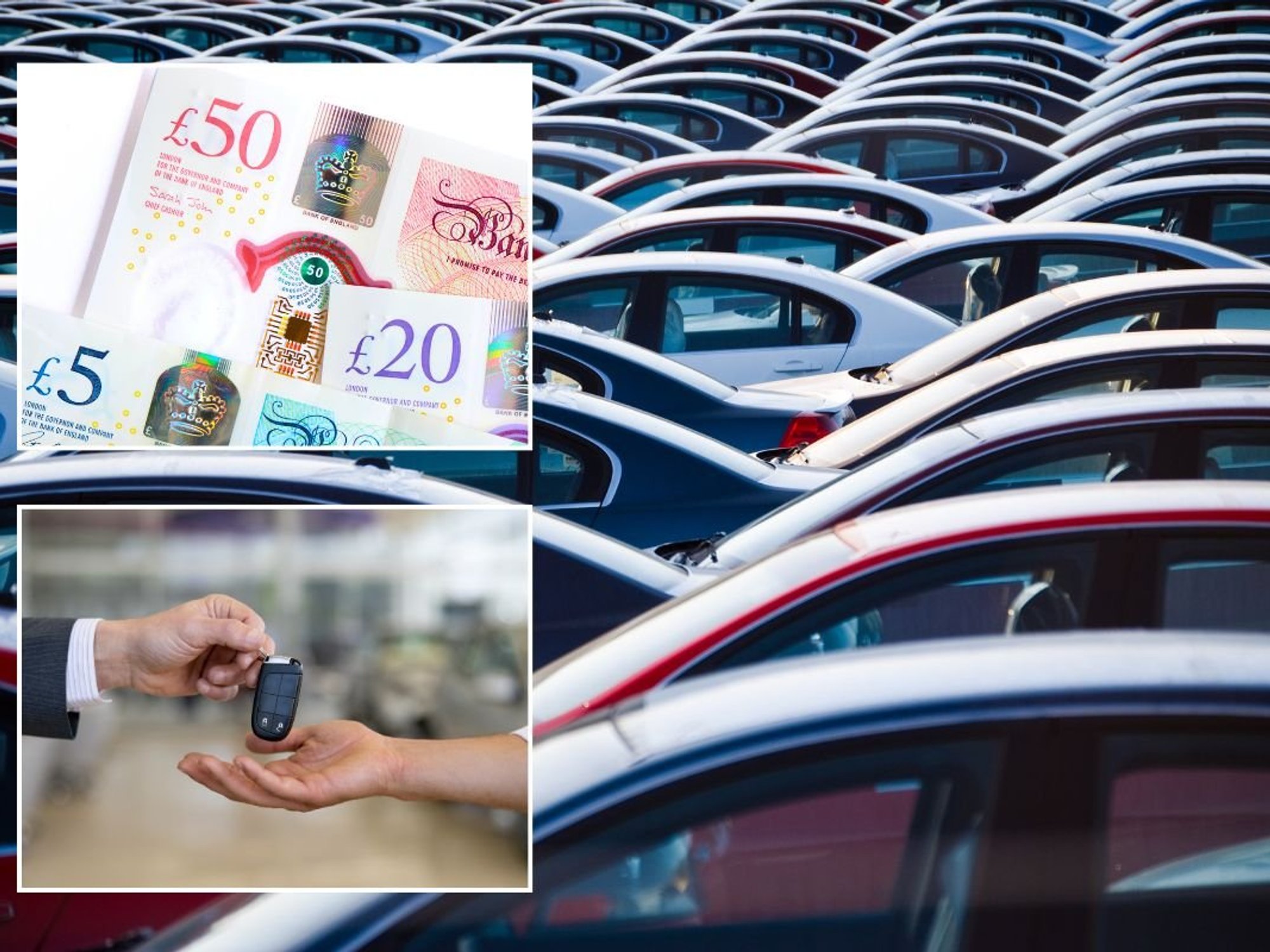 UK money, cars parked and hands handing over car keys