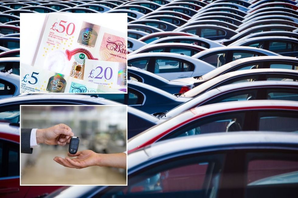 UK money, cars parked and hands handing over car keys