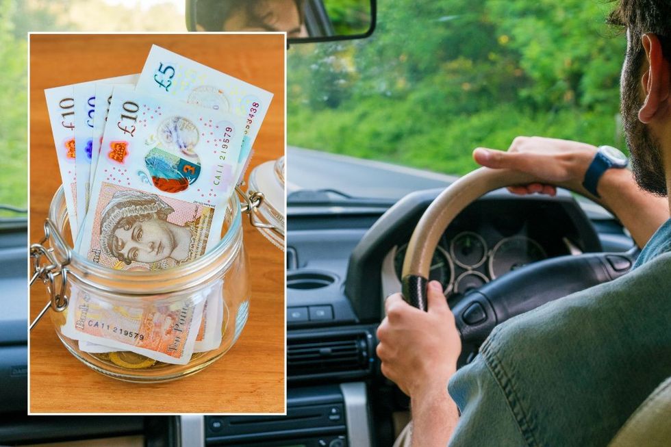 UK money in a jar and a man driving a car