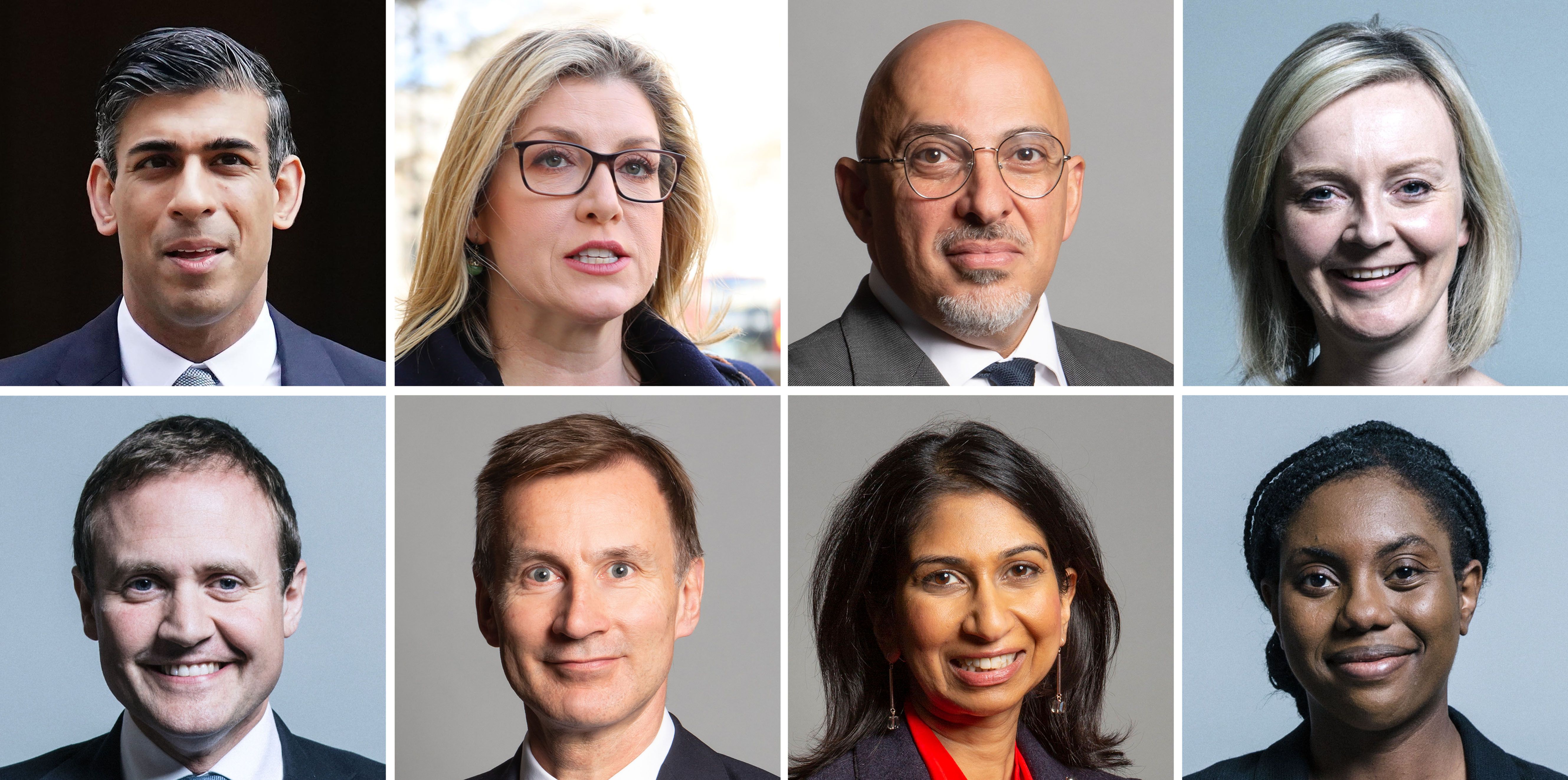 UK Parliament handout photos of the eight candidates in the Conservative Party leadership race, (top row left to right), Rishi Sunak, Penny Mordaunt, Nadhim Zahawi, and Liz Truss, (bottom row left to right) Tom Tugendhat, Jeremy Hunt, Suella Braverman and Kemi Badenoch. Tory MPs will have the chance to vote for the eight contenders vying to replace Boris Johnson, as balloting begins to find his successor. Issue date: Wednesday July 13, 2022.