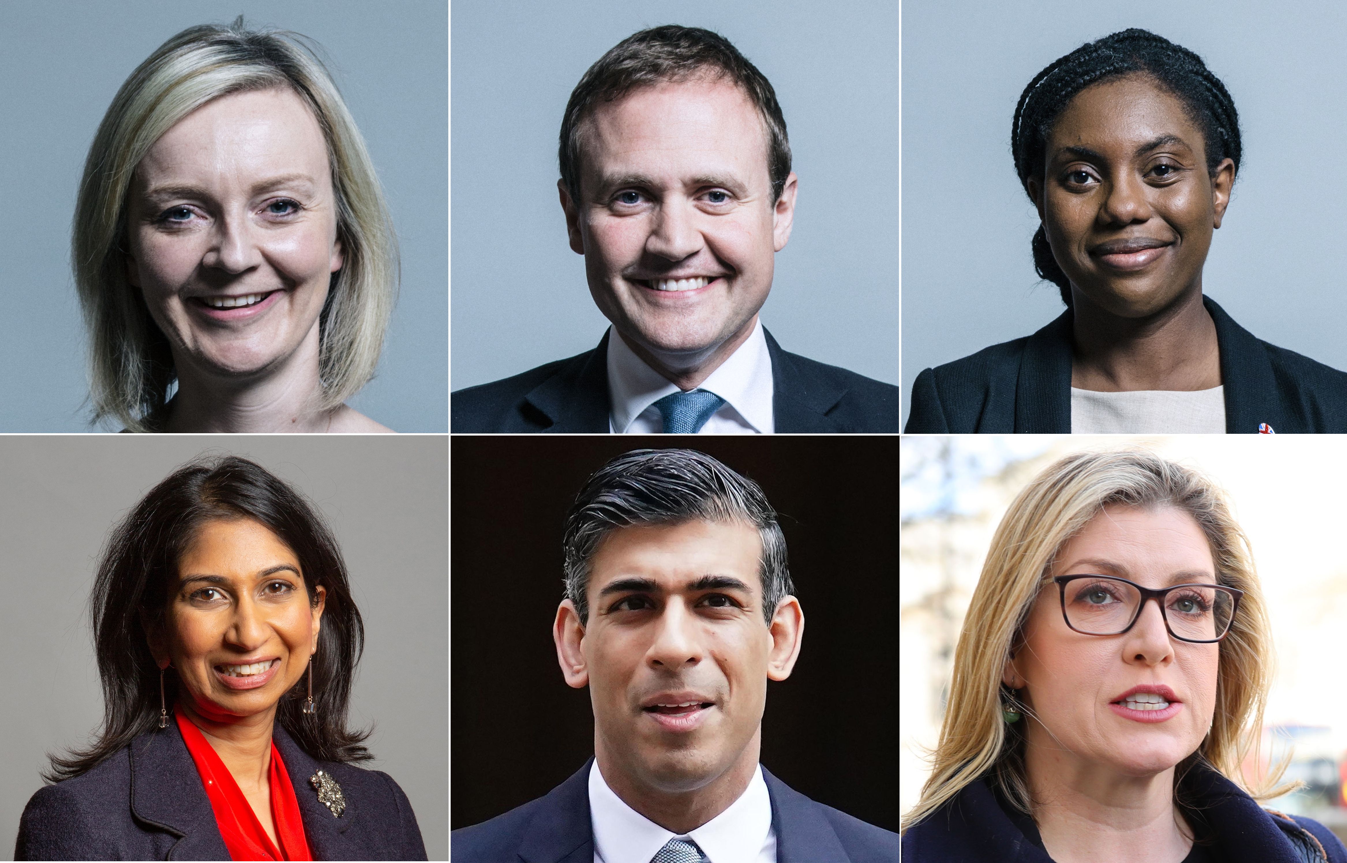 UK Parliament handout photos of the six candidates in the Conservative Party leadership race, (top row left to right), Liz Truss, Tom Tugendhat, Kemi Badenoch, Suella Braverman, Rishi Sunak and Penny Mordaunt, who are vying to replace Boris Johnson after Jeremy Hunt and Nadhim Zahawi were knocked out in the first ballot on Wednesday evening. Issue date: Wednesday July 13, 2022.