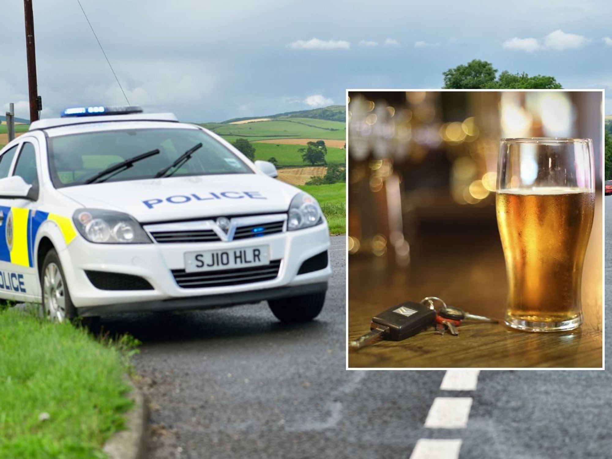 UK police car and a pint next to car keys