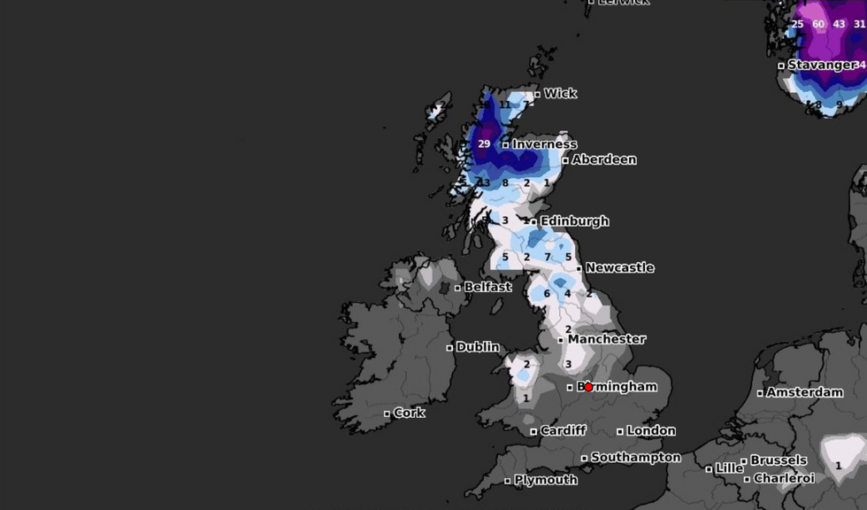 UK weather map showing snow in the north of England