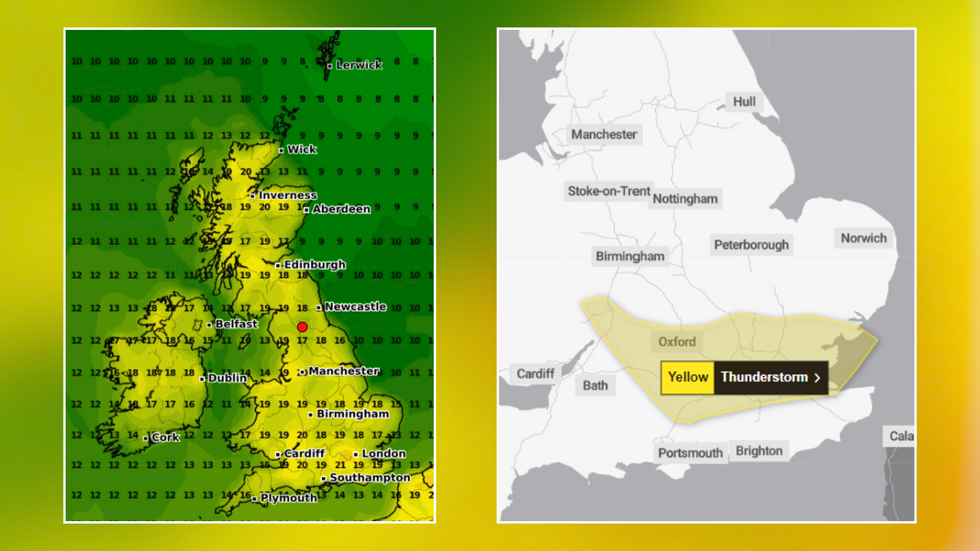 UK weather maps, one with a storm warning