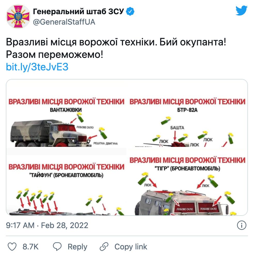 Ukraine's Ministry of Defence posts Molotov cocktail throwing instructions on their Twitter account