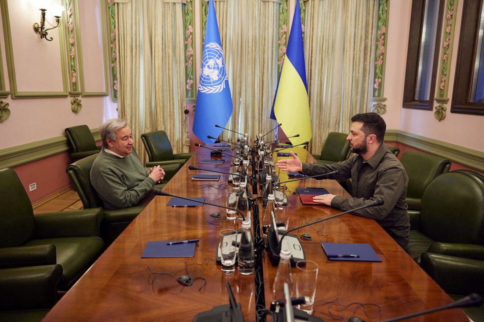 Ukraine's President Volodymyr Zelenskiy and UN Secretary-General Antonio Guterres attend a meeting, as Russia's attack on Ukraine continues, in Kyiv.