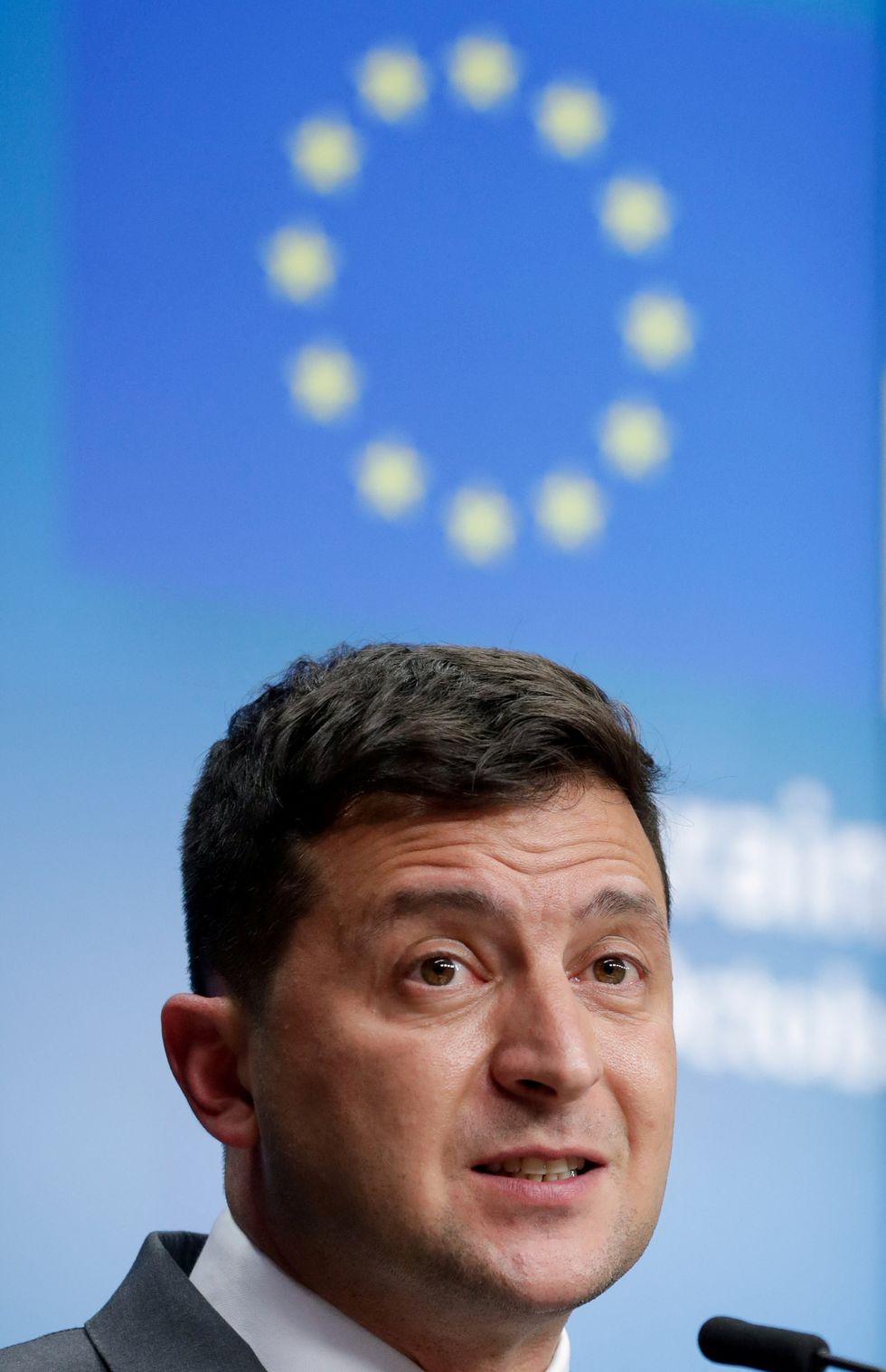 Ukrainian President Volodymyr Zelensky gives a news conference at the end of an EU-Ukraine Summit at the European Council in Brussels, Belgium.