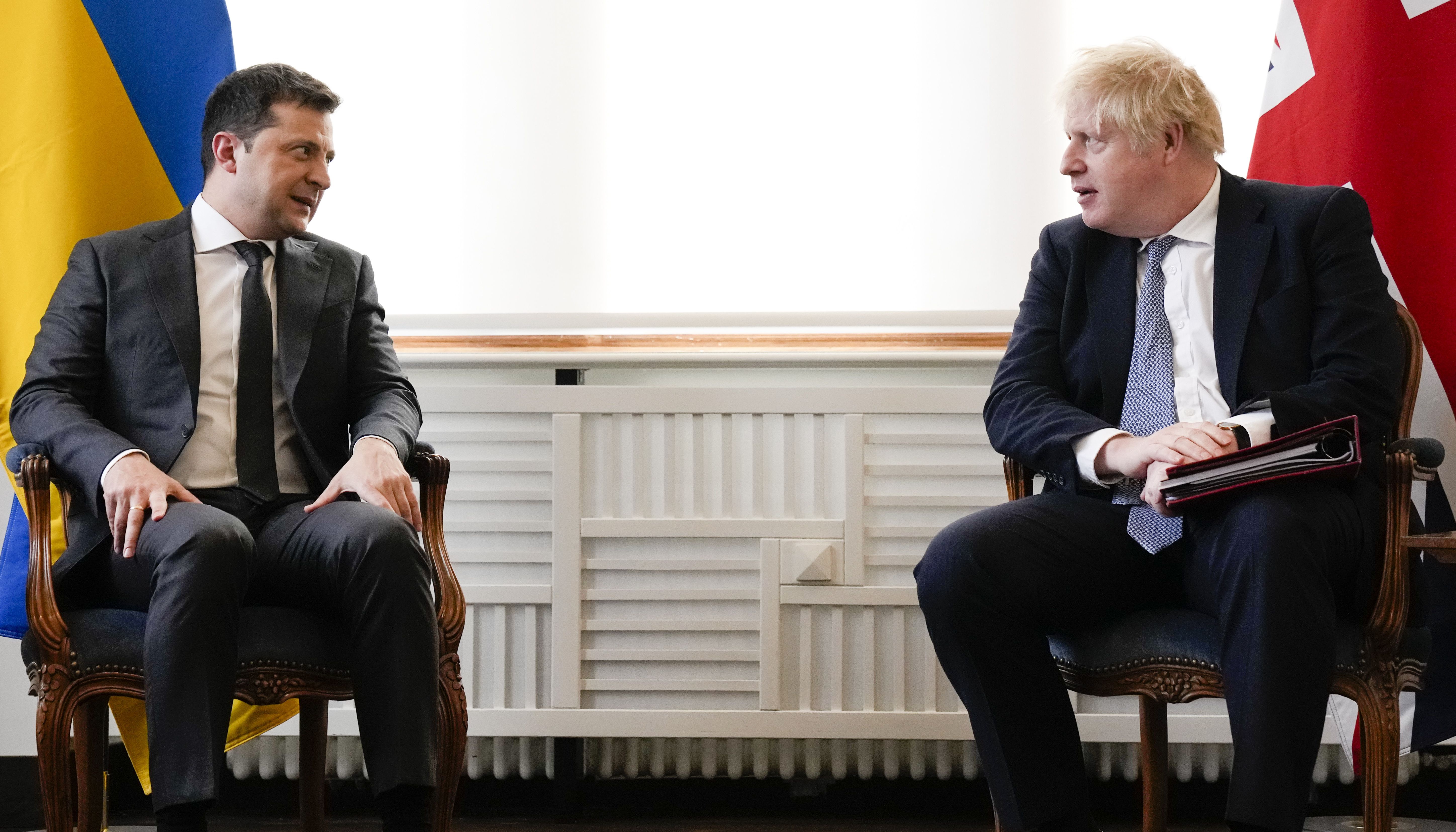 Ukrainian President Volodymyr Zelenskyy attends a meeting with Prime Minister Boris Johnson at the Munich Security Conference in Germany where the Prime Minister is meeting with world leaders to discuss tensions in eastern Europe. Picture date: Saturday February 19, 2022.