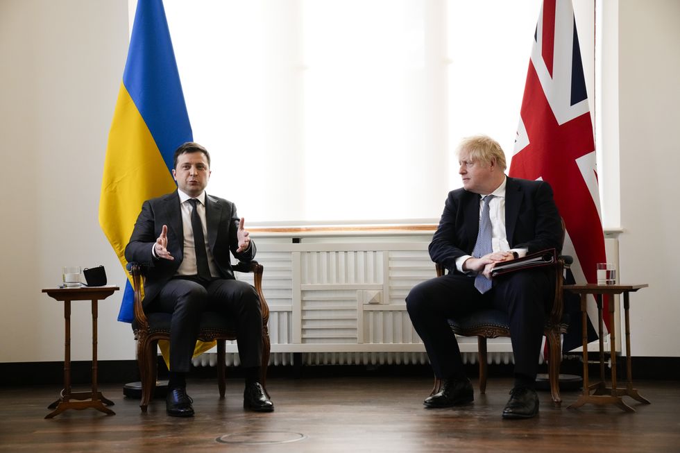 Ukrainian President Volodymyr Zelenskyy attends a meeting with Prime Minister Boris Johnson