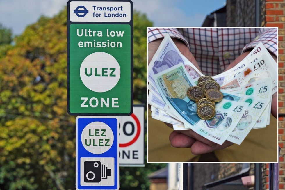 Ulez sign and a man holding cash
