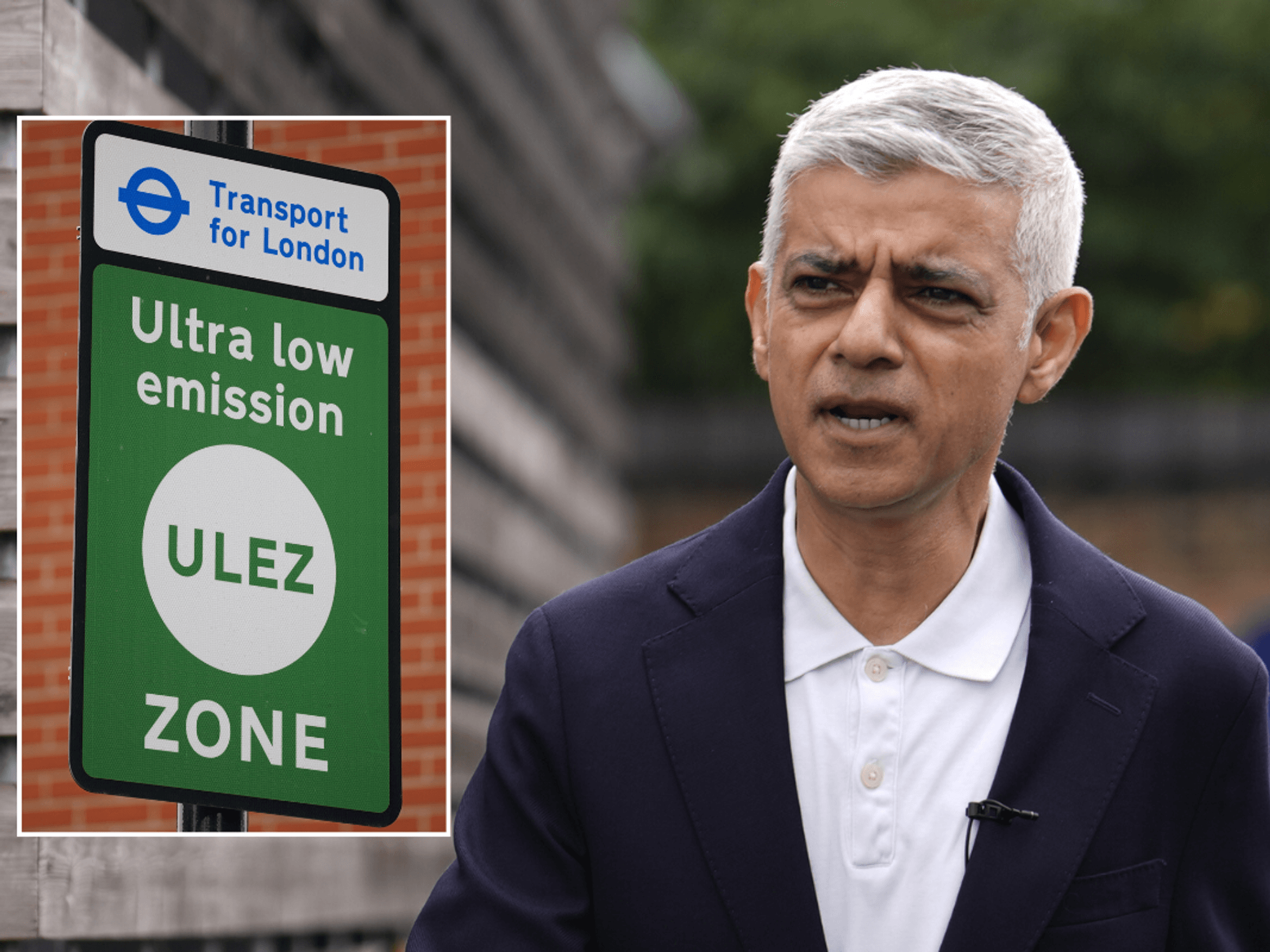 Ulez sign and London Mayor Sadiq Khan