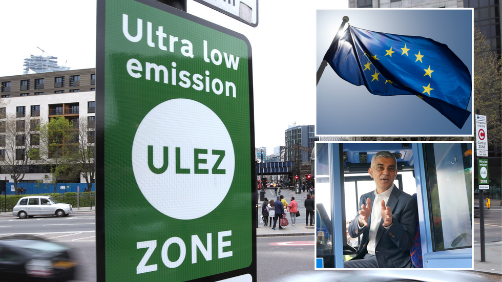 Ulez sign/EU flag/Sadiq Khan