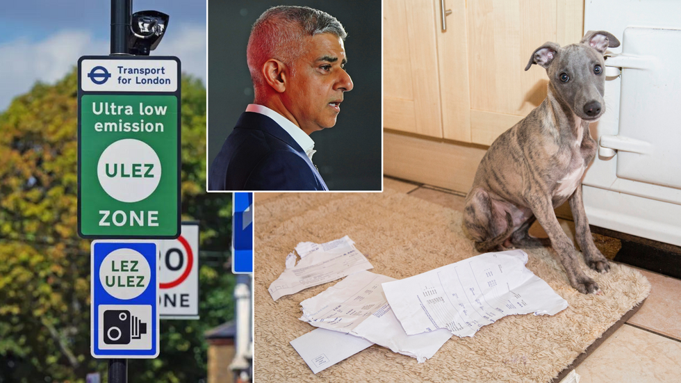 Ulez sign/Sadiq Khan/dog with torn paper