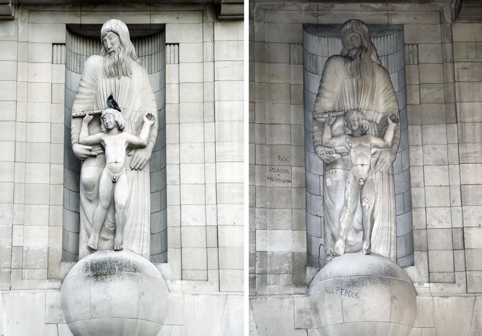 Undated file photo (left) and the damaged caused after a man climbed onto the statues Prospero and Ariel from Shakespeare's play The Tempest by the sculptor Eric Gill outside of the BBC's headquarters in central London and hit them with a hammer. The Metropolitan Police said officers were called at around 4.15pm on Wednesday to Broadcasting House on Portland Street, Westminster, where a man had used a ladder to reach the 10-foot tall figures above the front entrance. Picture date: Wednesday January 12, 2022.