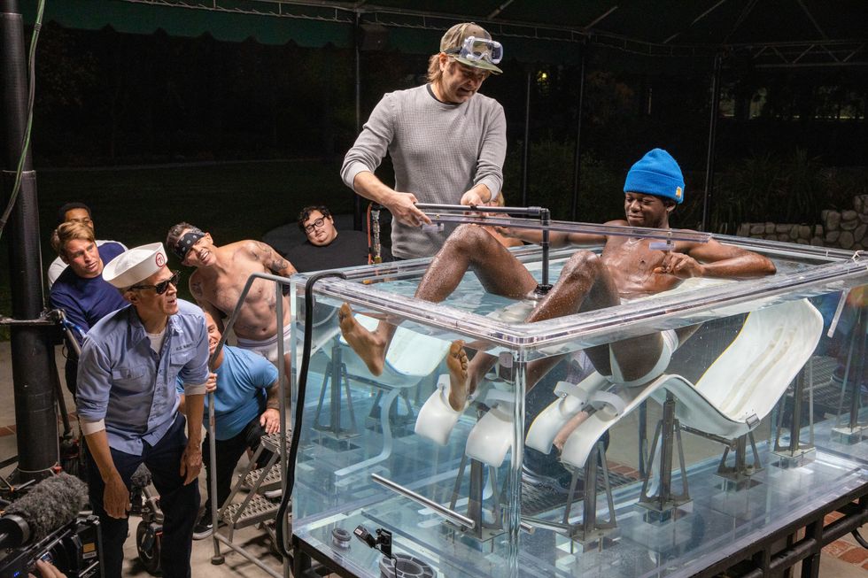 Undated Handout Photo from Jackass Forever. Pictured: (L-R) Jasper, Sean ???Poopies??? McInerny, Johnny Knoxville, Wee Man, Steve-O, Zach Holmes, Tory Belleci and Eric Manaka. See PA Feature SHOWBIZ Film JackAss. Picture credit should read: PA Photo/ 2021 PARAMOUNT PICTURES. ALL RIGHTS RESERVED/Sean Oliver. WARNING: This picture must only be used to accompany PA Feature SHOWBIZ Film JackAss.