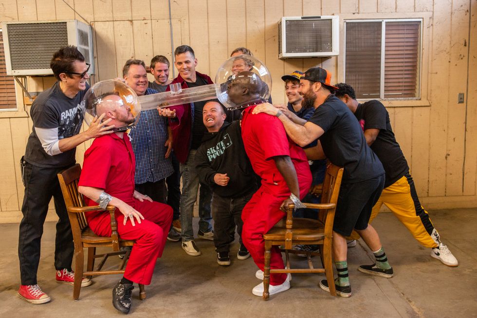 Undated Handout Photo from Jackass Forever. Pictured: (L-R) Johnny Knoxville, Ehren McGhehey, Preston Lacy, Sean %22Poopies%22 McInerny, Steve-O, Dave England, Wee Man, Dark Shark, Chris Pontius, Jasper and Nick Merlino. See PA Feature SHOWBIZ Film JackAss. Picture credit should read: PA Photo/ 2021 PARAMOUNT PICTURES. ALL RIGHTS RESERVED/Sean Oliver. WARNING: This picture must only be used to accompany PA Feature SHOWBIZ Film JackAss.
