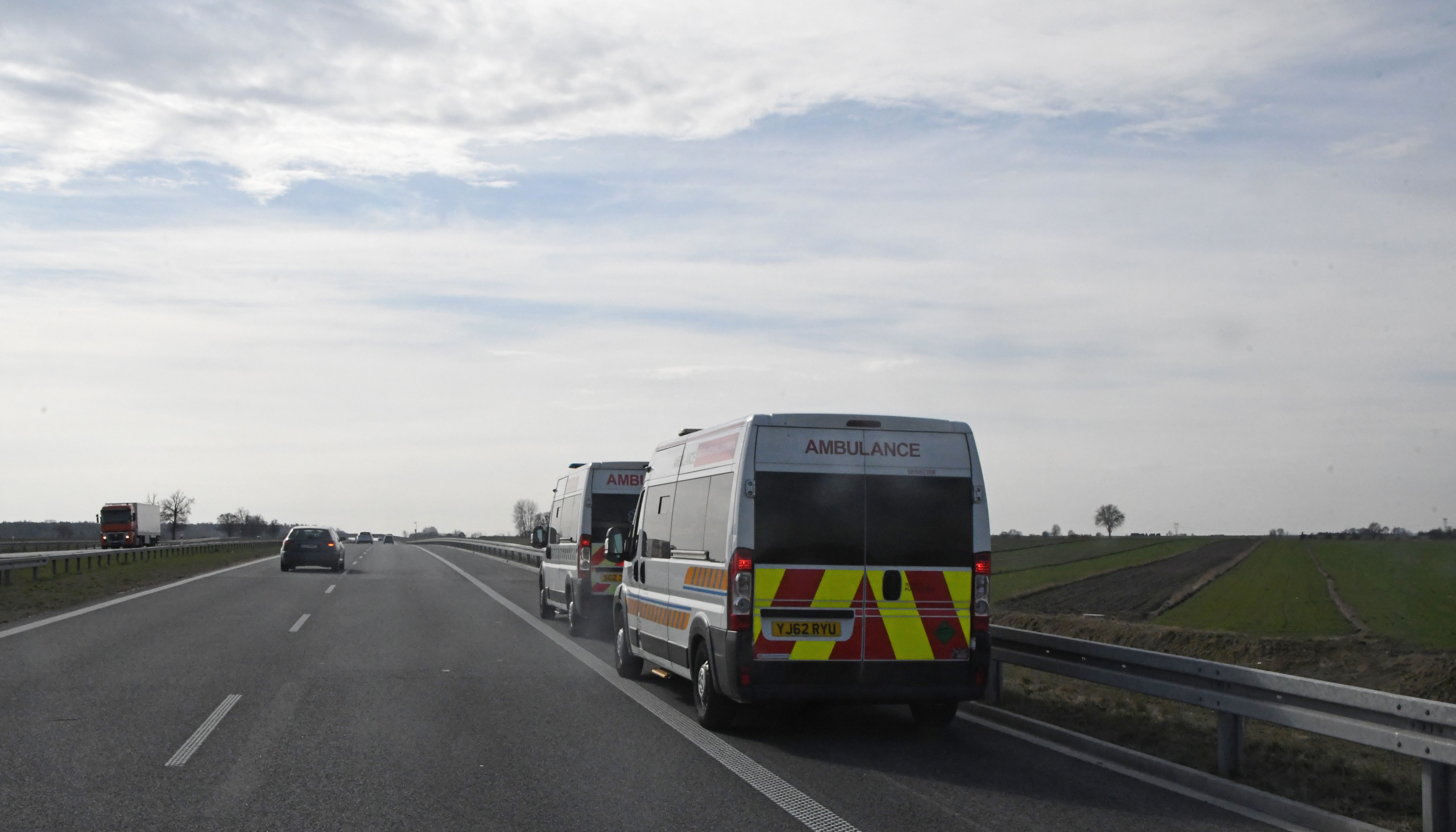 Undated handout photo issued by Audere International of two ambulances on their way to Ukraine from the UK