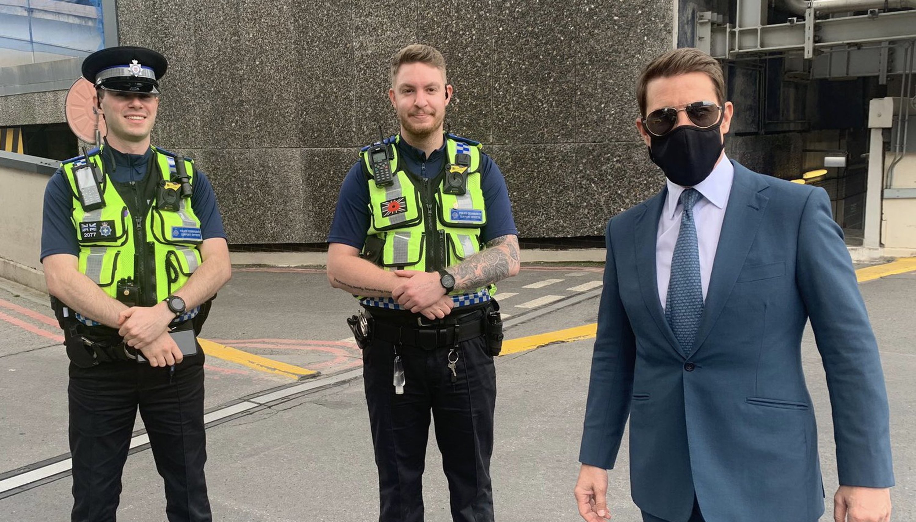 Undated handout photo issued by British Transport Police (BTP) of actor Tom Cruise (right) posing for a photo with BTP officers at Birmingham New Street station, where he has been filming scenes for the latest instalment in the Mission:Impossible movie series. Issue date: Friday August 27, 2021.