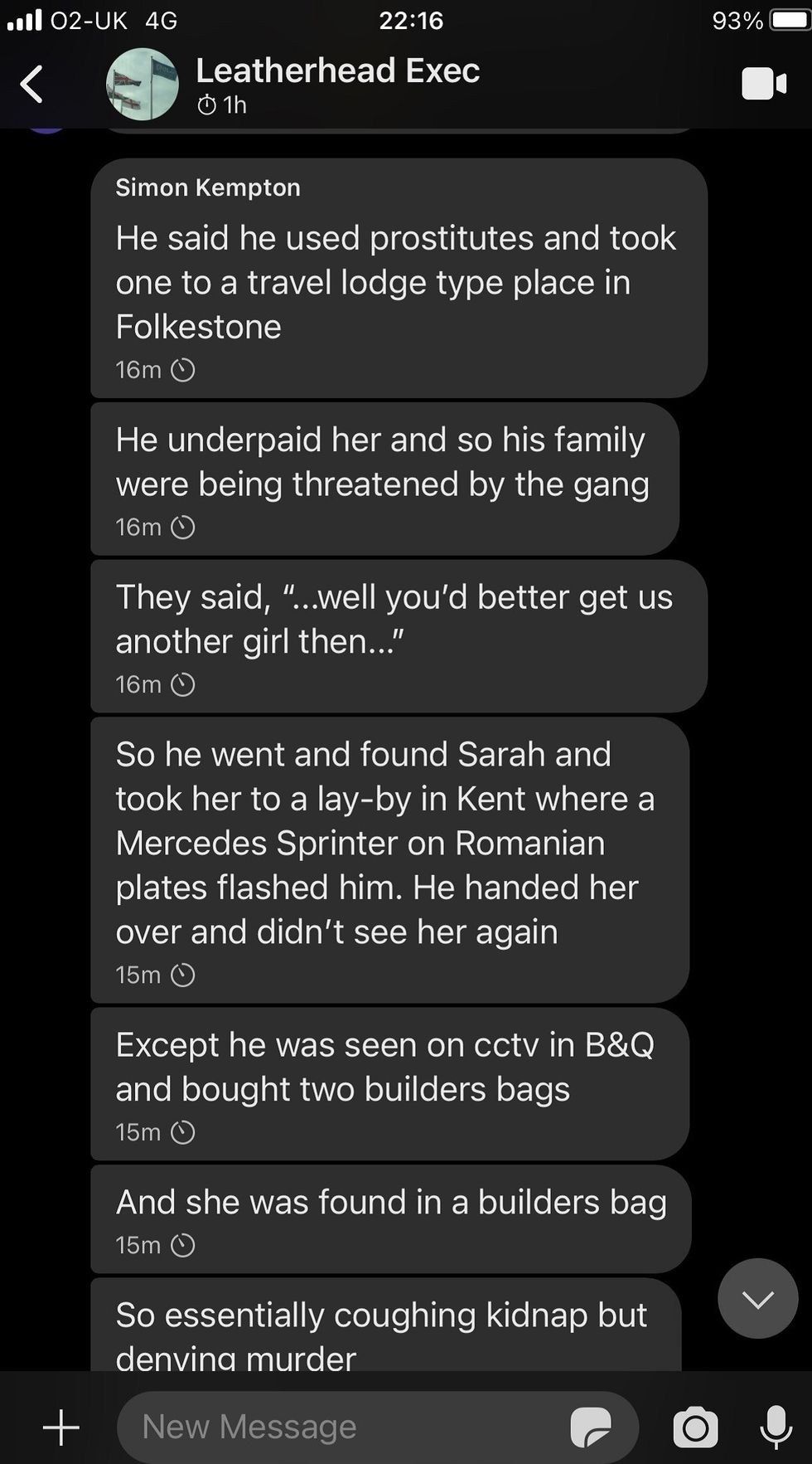 Undated handout photo issued by Dorset Police of a screengrab from conversations had by Sergeant Simon Kempton of Dorset Police, who is accused of breaching standards of courtesy and respect, social media use and confidentiality for sharing details of the Wayne Couzens's defence on the messaging app. Issue date: Wednesday February 23, 2022.