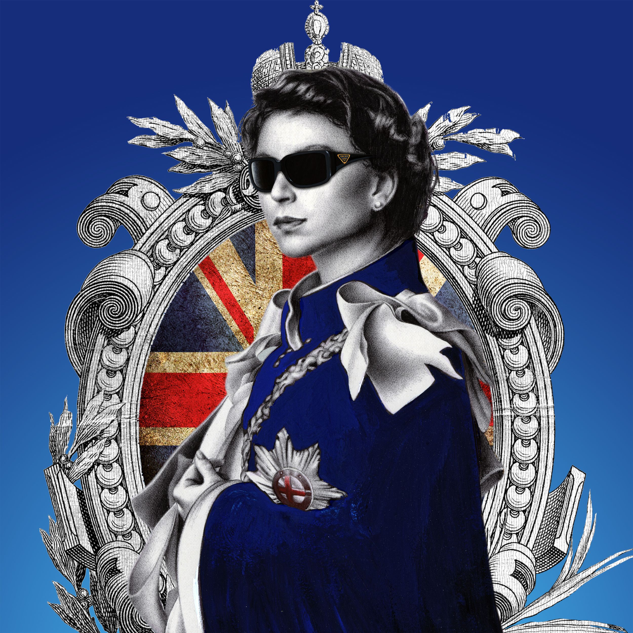 Undated handout photo issued by James Mylne of a composed Queen in designer sunglasses as she stands in her regal Order of the Garter robes created by ballpoint artist James Mylnes. Cutting edge portraits of the Queen by up to 52 urban, graffiti and contemporary artists are going on show to mark her Platinum Jubilee. Issue date: Friday May 13, 2022.