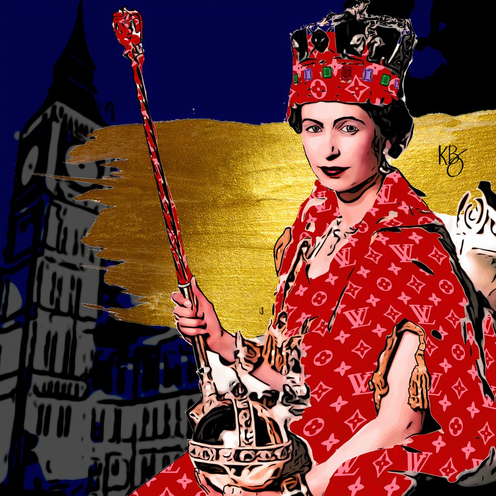 Undated handout photo issued by Karen Bystedt of a composed Queen wearing the crown and cloak with a red Louis Vuitton pattern created by visual artist Karen Bystedt