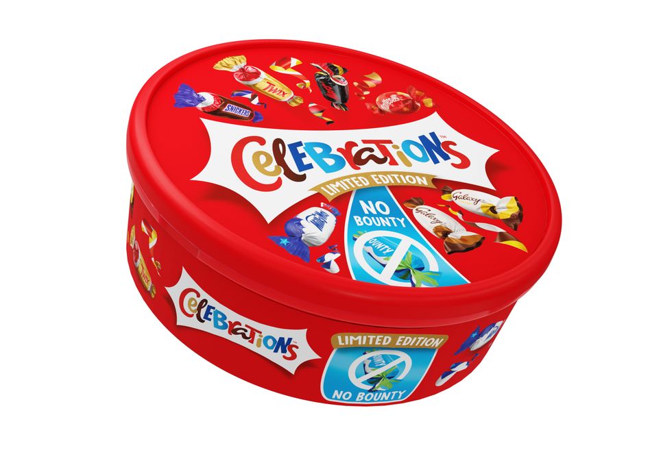 Undated handout photo issued by Mars Wrigley of a limited-edition Celebrations tub without Bounty bars. Mars Wrigley is to remove Bounty bars from its Celebrations chocolate tubs in a pre-Christmas trial after finding 39 percent of consumers want the coconut-flavoured treats banished for good. Issue date: Thursday November 3, 2022.
