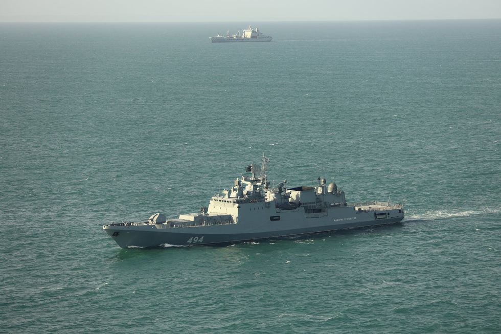 Undated handout photo issued by the Ministry of Defence of RFN Admiral Grigorovich (foreground) monitored by RFA Tideforce