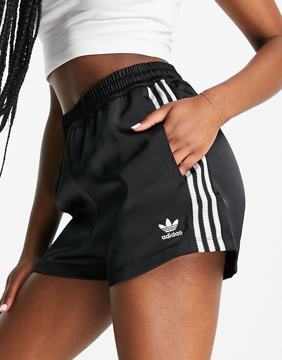Undated Handout Photo of Adidas Originals Adicolor Three Stripe Satin Look Shorts in Black