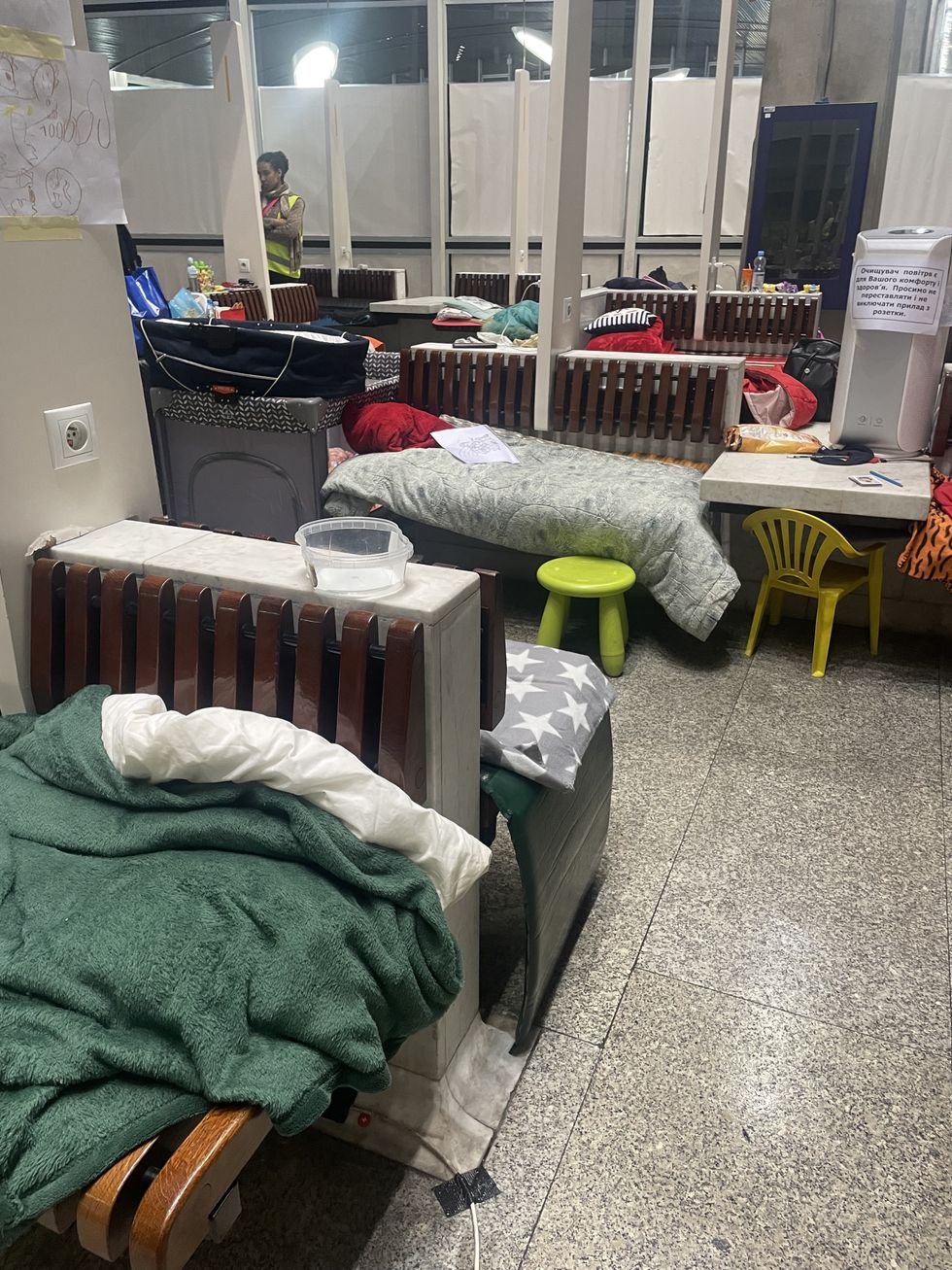 Undated handout photo of beds made up in a waiting room at Warsaw central station, Poland, as traveling refugees from Ukraine arrive. The visa application process for Ukrainian refugees is putting vulnerable women and children in danger because it is too complicated and difficult and too lengthy, a British volunteer in Poland has said. Issue date: Monday March 21, 2022.