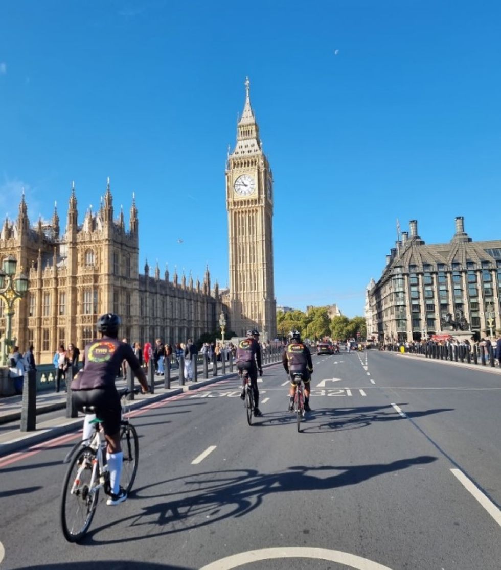 Undated handout photo of cyclists crossing Westminster Bridge during a 22-mile bike ride across central London. It was organised by the team at Together We Ride (TWR), a black-led collective aiming to empower people through cycling, as well as to %22uplift%22 one another and bring more people into the sport. Issue date: Wednesday October 19, 2022.