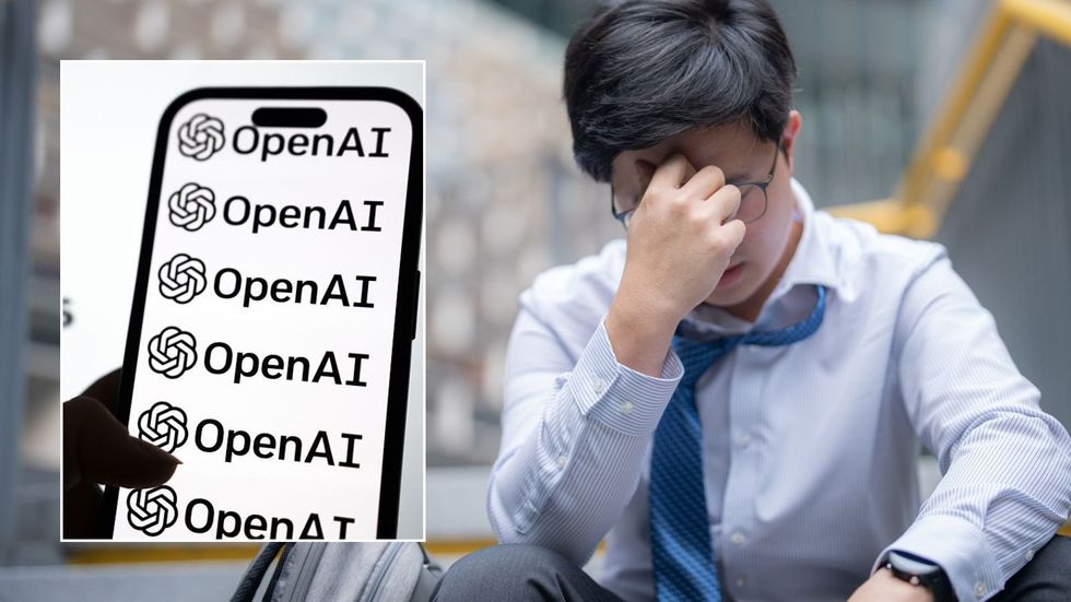 Unemployed man and AI logo