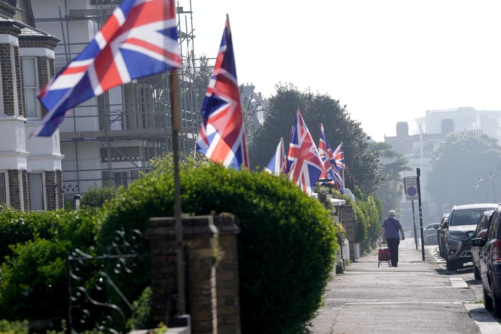 Union Jack flags on display along the sea front in Southend-on-Sea, Essex