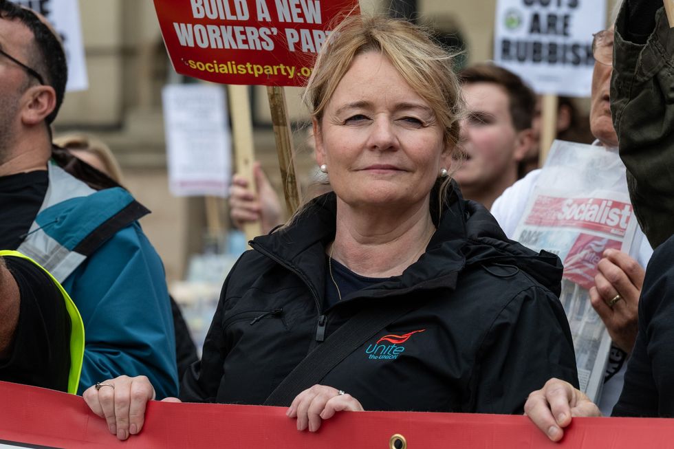 Unite general secretary Sharon Graham leading a march for Birmingham's bin workers