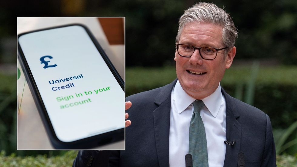 Universal Credit sign and Keir Starmer