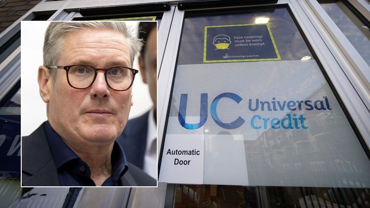 Universal Credit sign at Jobcentre and Keir Starmer