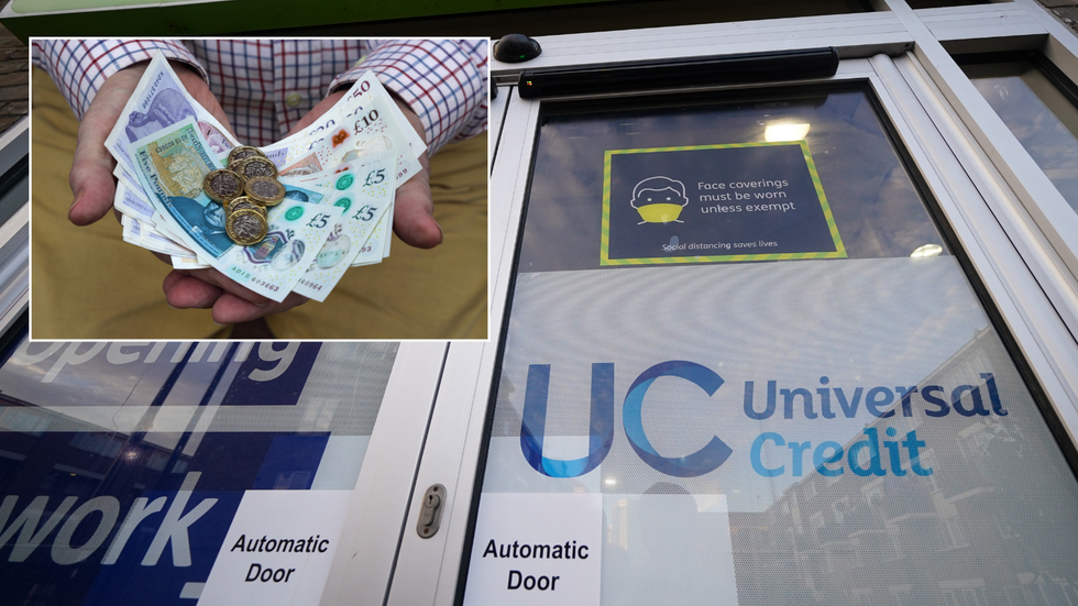 Universal Credit sign/Man with lots of cash