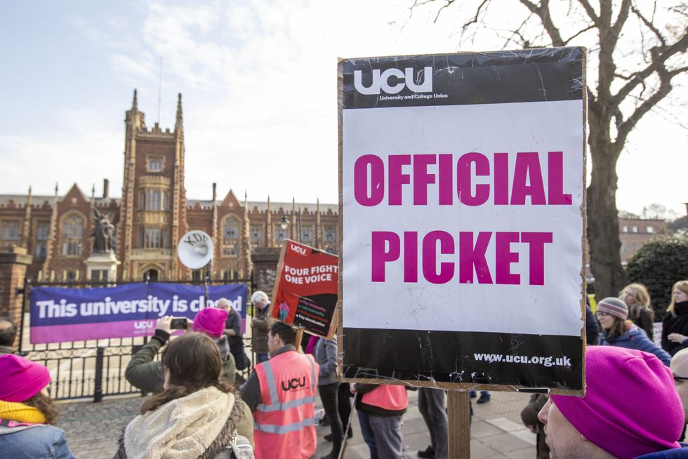 University and College Union (UCU) workers and supporters on a picket line at Queens University Belfast