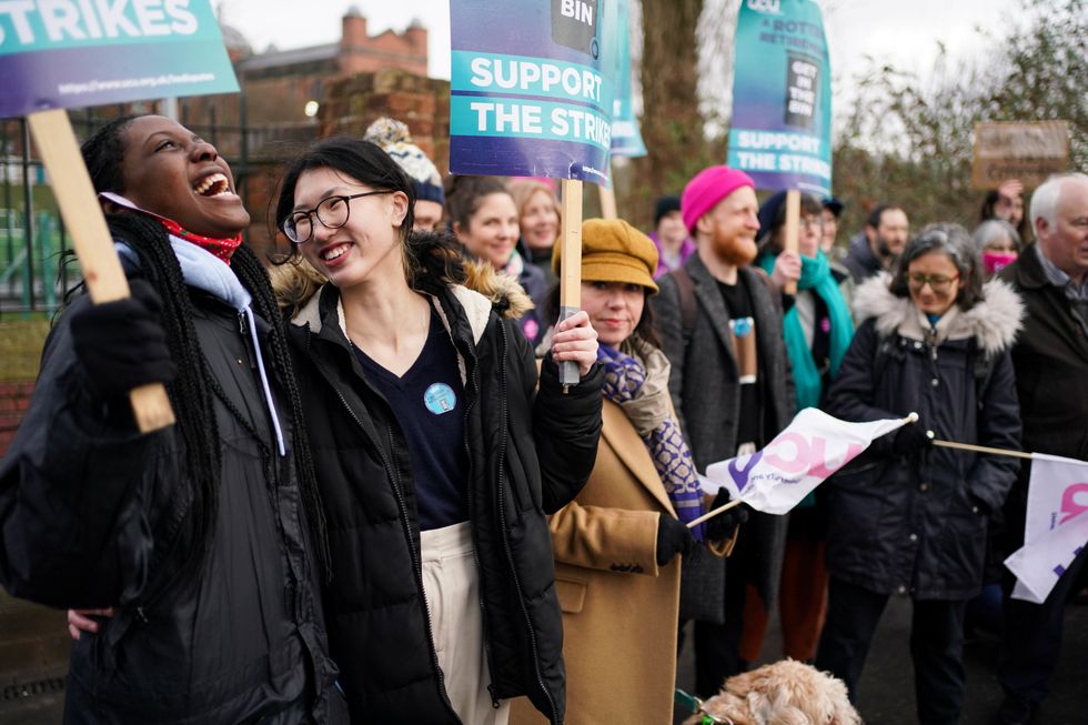 University of Birmingham staff join a picket line outside the campus