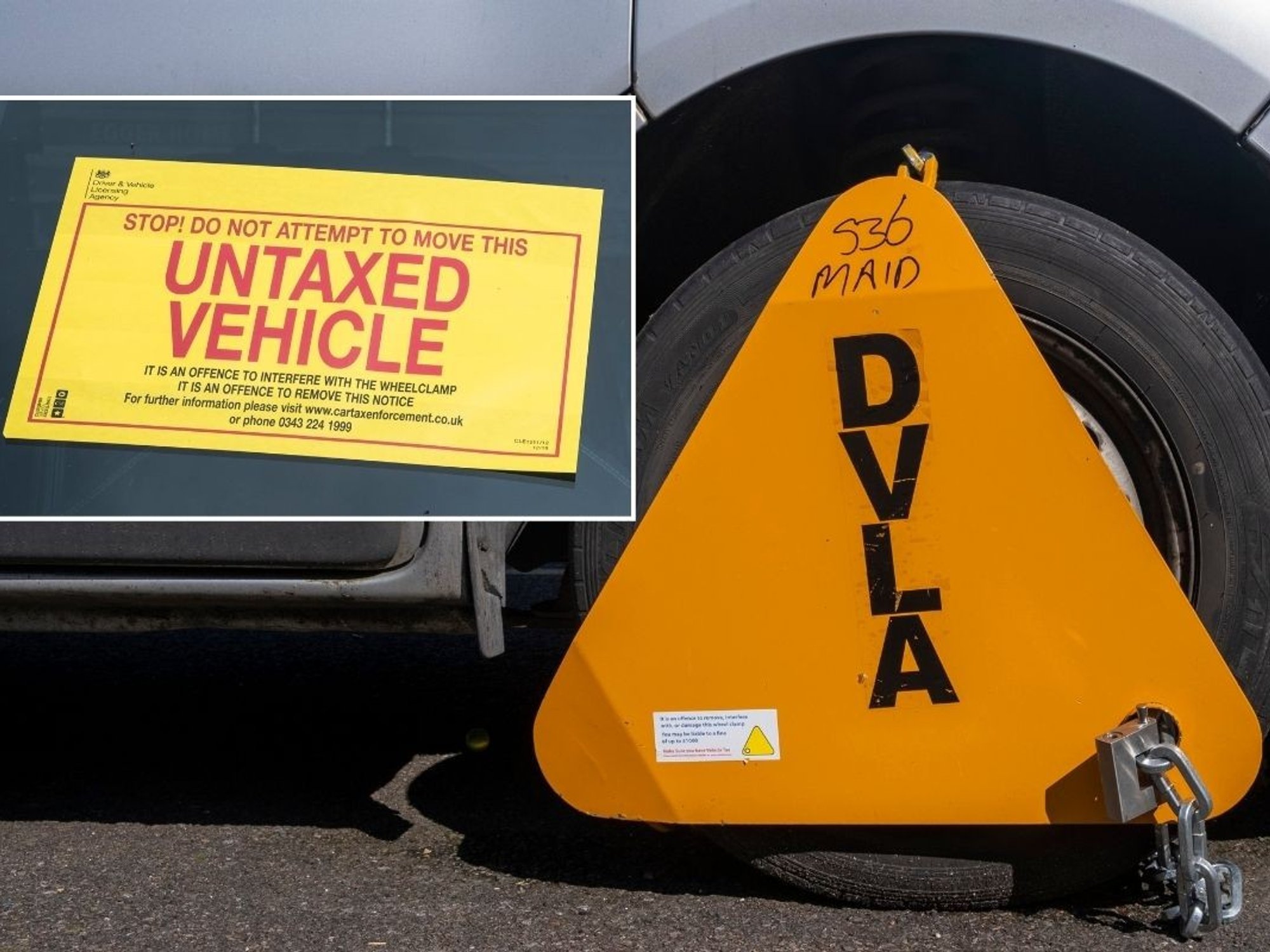 Untaxed vehicle sticker and a DVLA wheel clamp