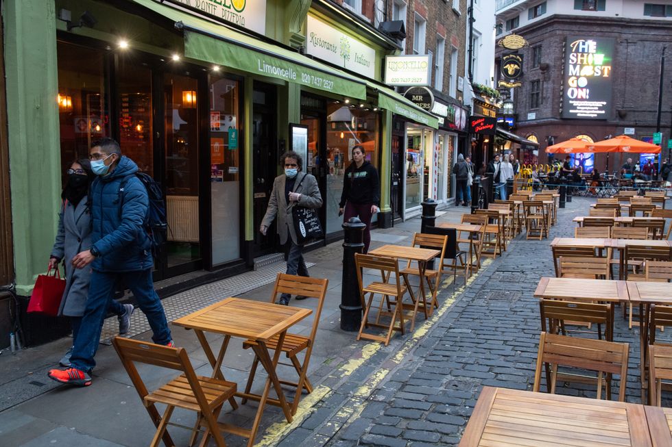 Unused seating outside London restaurants.