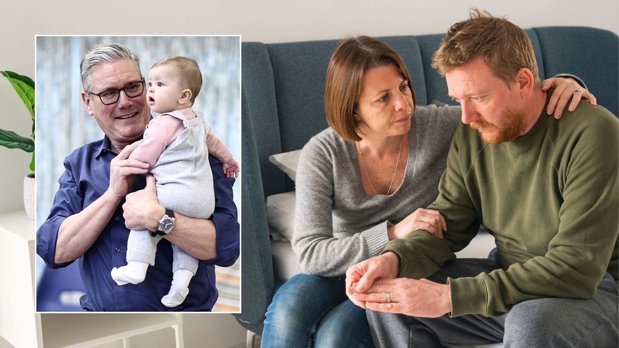 Upset couple and Keir Starmer holding baby