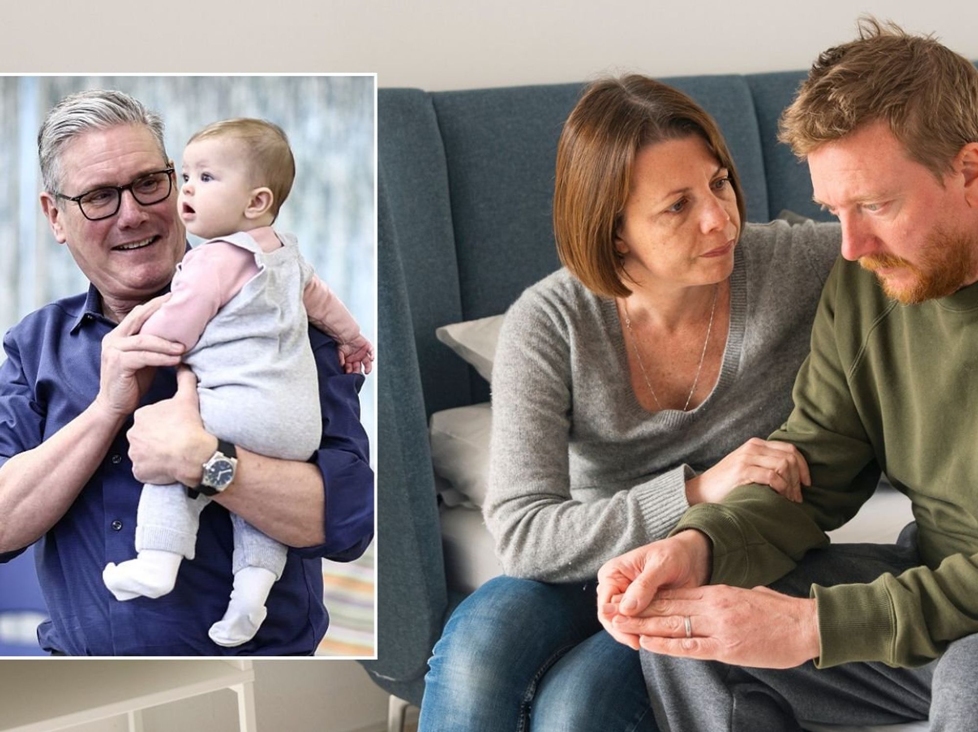 Upset couple and Keir Starmer holding baby