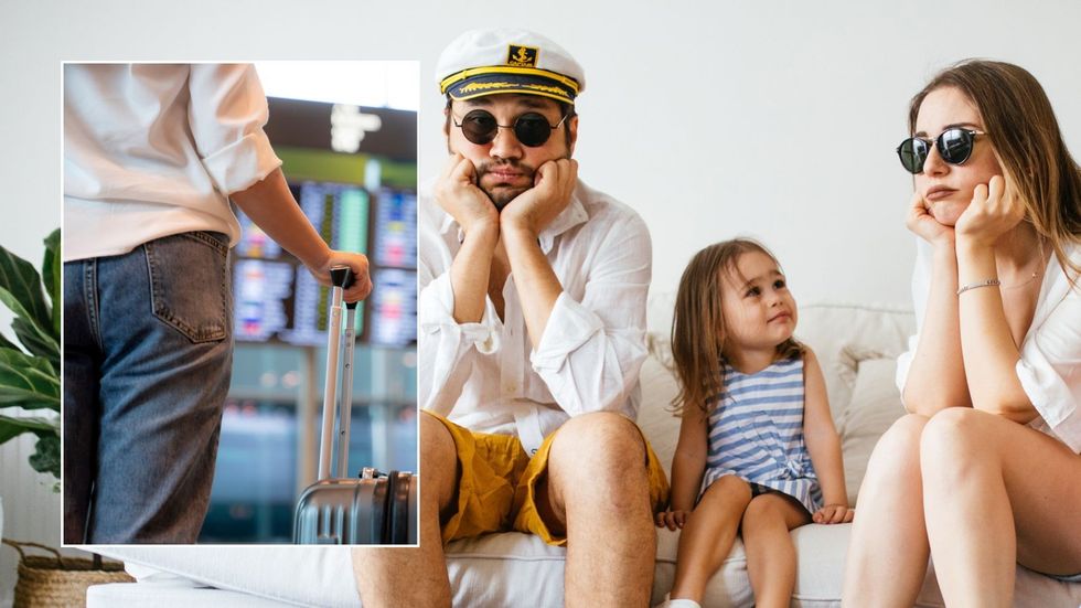 Upset family and person with suitcase