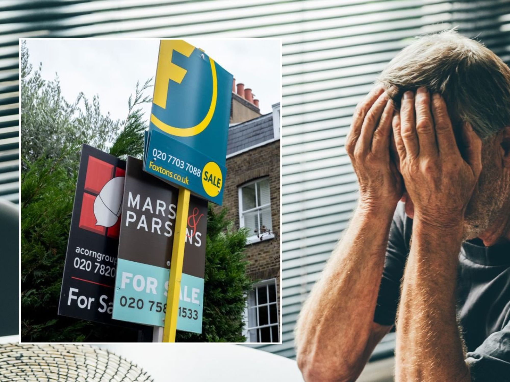 Upset man and for sale signs