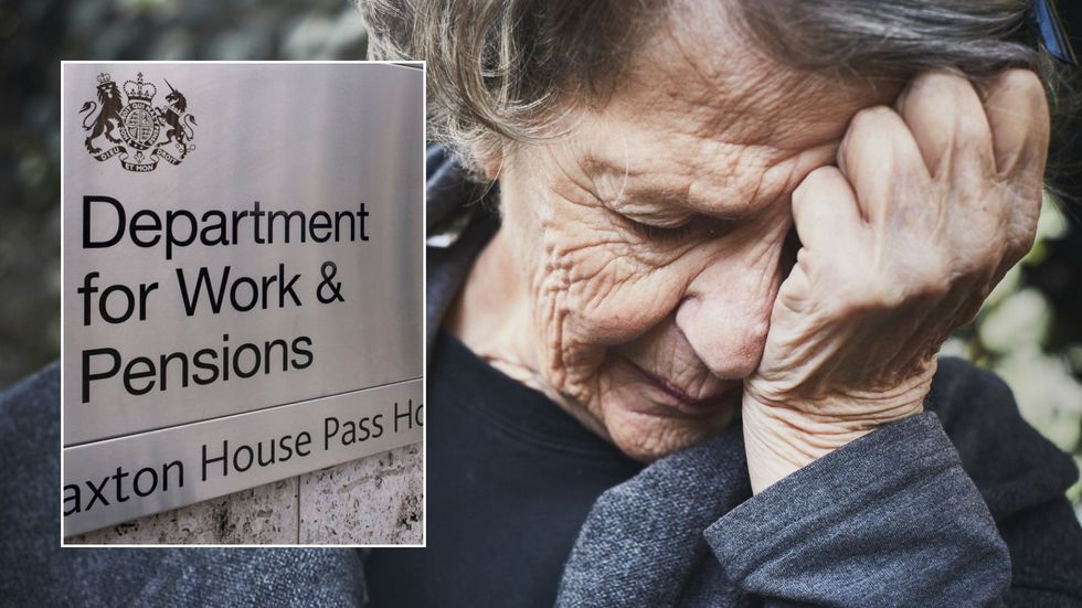 Upset woman and DWP sign